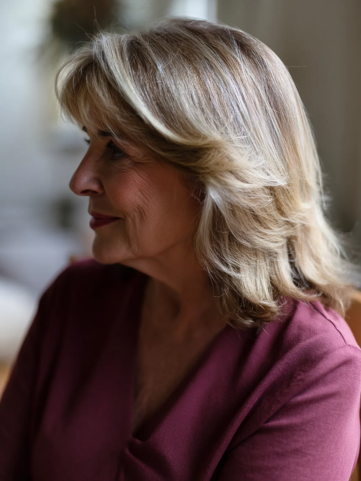 Versatile Shoulder-Length Sandy Blonde Feathered Layers with Long Bangs